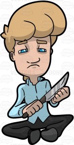 Cartoon image of a male person with blonde hair, wearing light blue collared long sleeved shirt, black pants and shoes, sits on the surface, as he tries to slash his left wrist with a stainless kitchen knife, right hand holding the brown wooden handle, blue eyes have a look of sadness and depression, mouth frowning in sadness